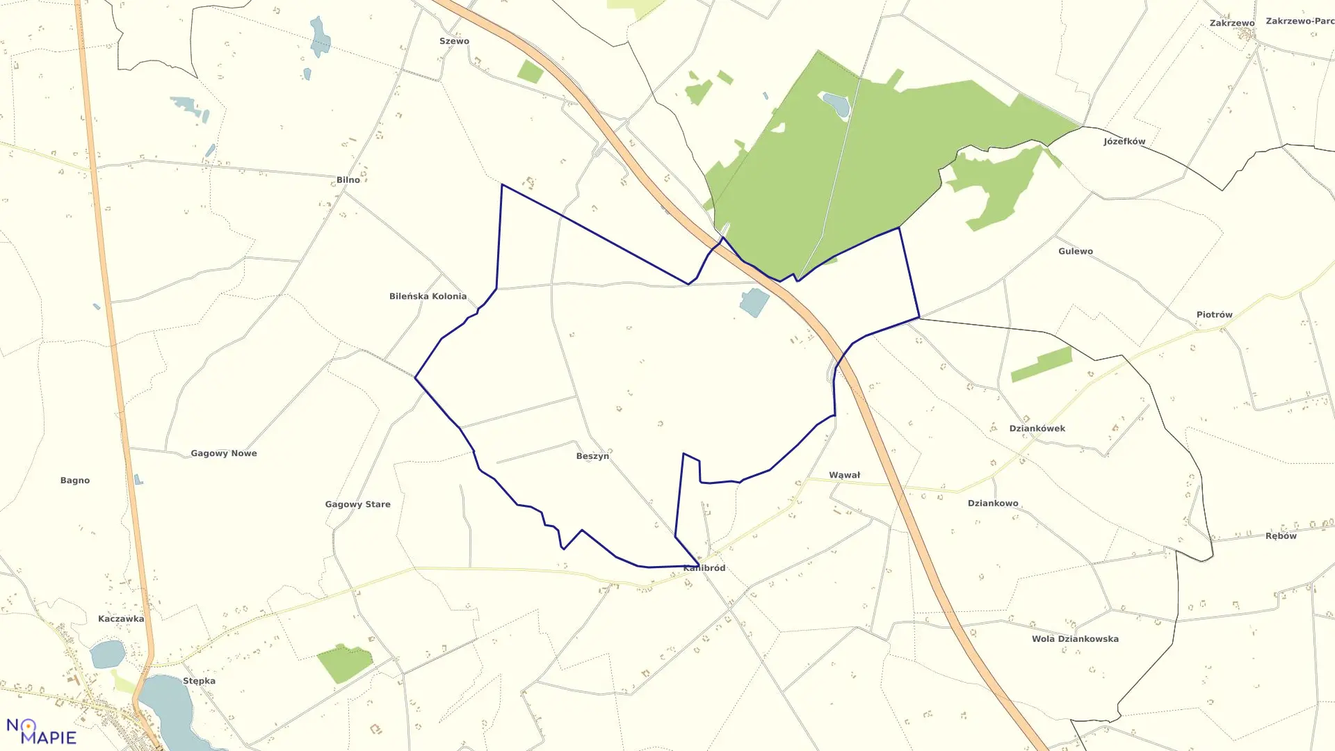 Mapa obrębu Beszyn w gminie Lubień Kujawski