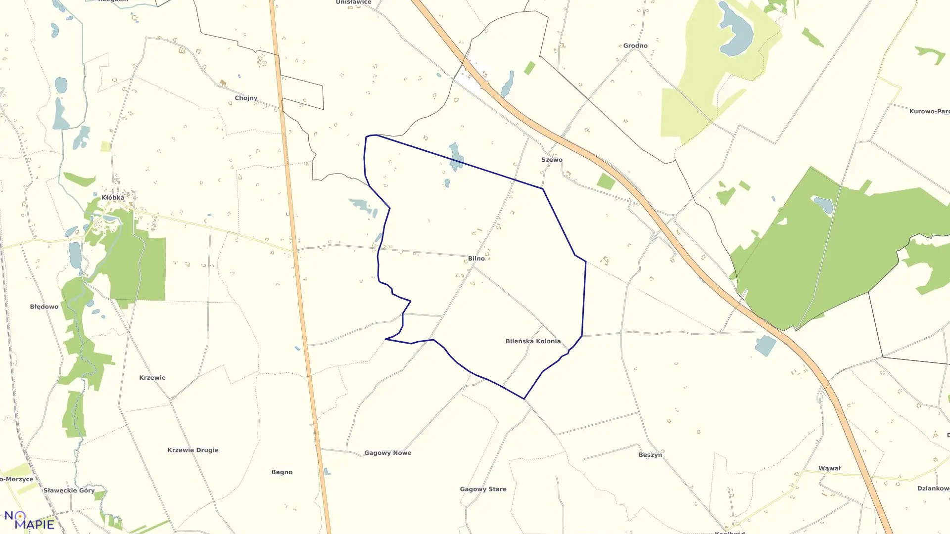 Mapa obrębu Bilno w gminie Lubień Kujawski